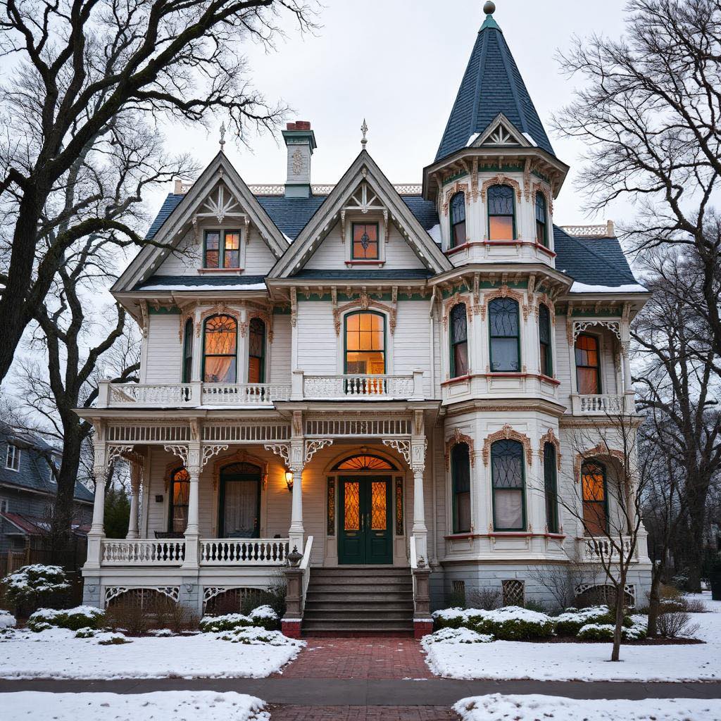 Victorian mansion with turret and wraparound porch in winter snow at dusk with glowing windows
