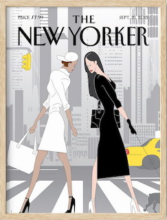 Illustration of two fashionable women in contrasting outfits crossing an urban crosswalk with taxis and buildings behind them