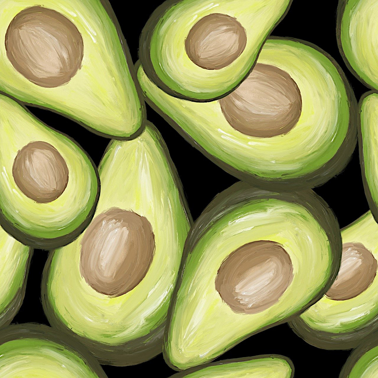 Illustration of several avocado halves with pits on a dark black background