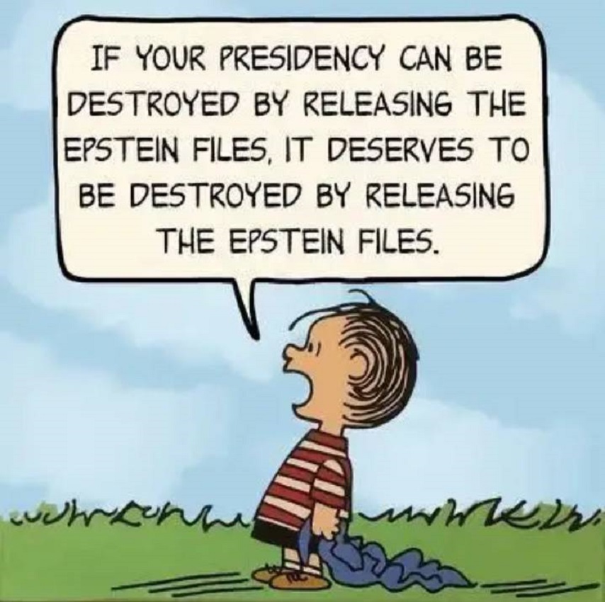 Cartoon character in striped shirt with speech bubble about Epstein files and presidency