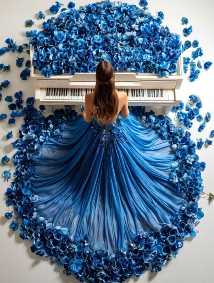 Woman in a flowing blue dress playing a white piano amid bright blue flowers