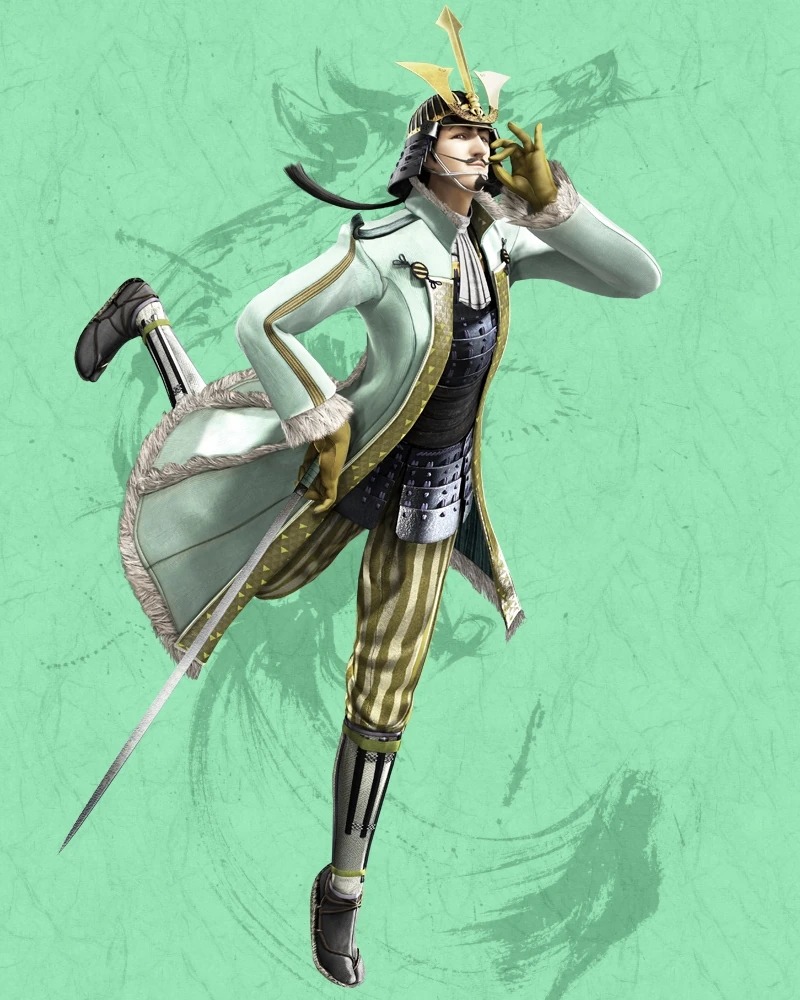 Mogami Yoshiaki samurai warrior character from Sengoku Basara 4 in white and gold armor with sword and shield
