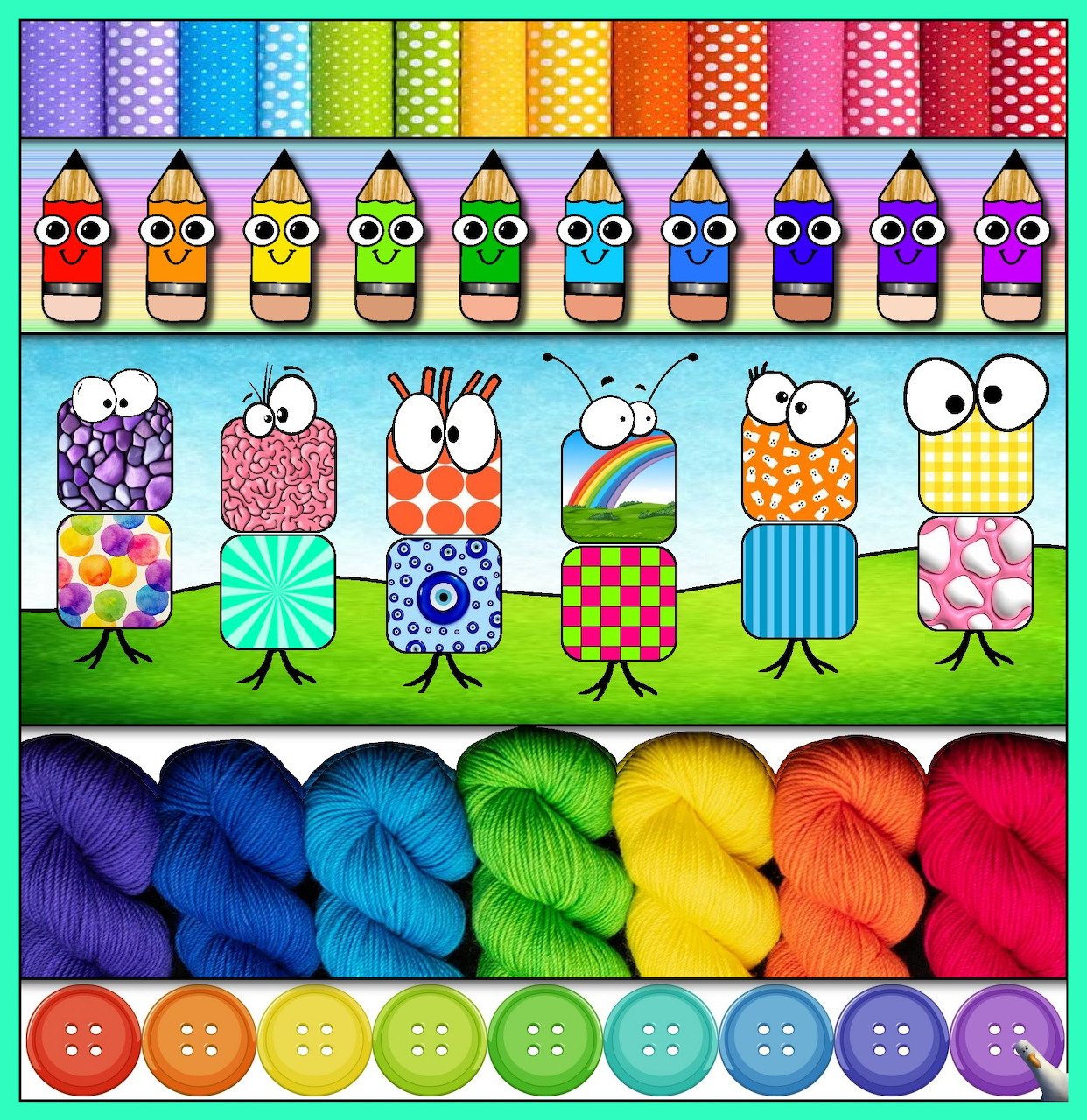 Colorful craft supplies including yarn, buttons, fabric patterns, and cartoon owls arranged in rainbow order