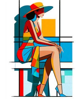 Geometric illustration of woman in profile wearing colorful wide-brimmed hat, seated against abstract background