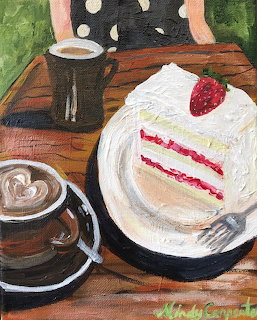 Folk art painting showing slice of strawberry layer cake with coffee cup on wooden table