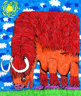 Stylized red bull with textured fur grazing under blue sky with flowers and sun