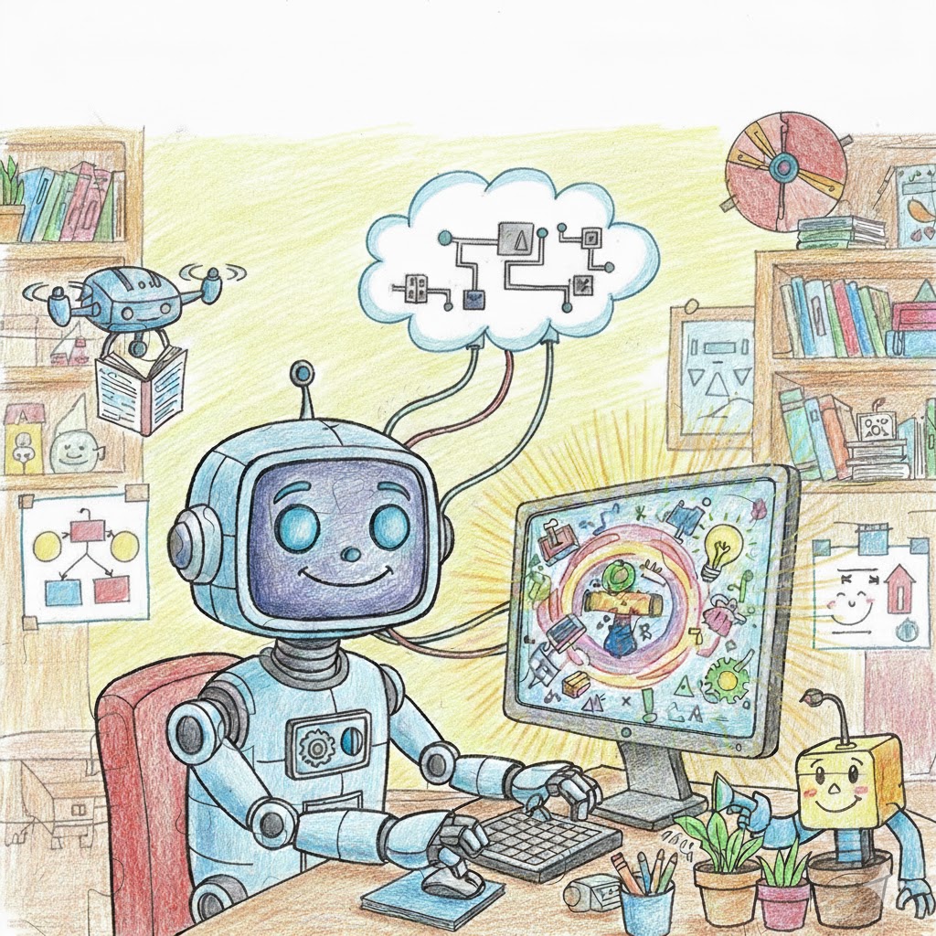 Cartoon robot with TV monitor head drawing at a desk surrounded by colorful artwork and creative tools