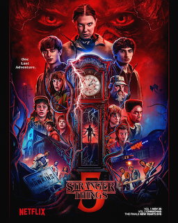 Stranger Things poster with cast members surrounding an ominous clock tower against red and blue dramatic lighting