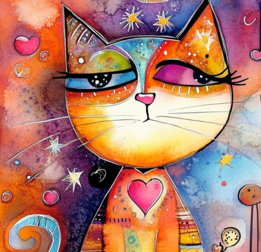 Colorful abstract cat illustration with hearts and stars in watercolor style