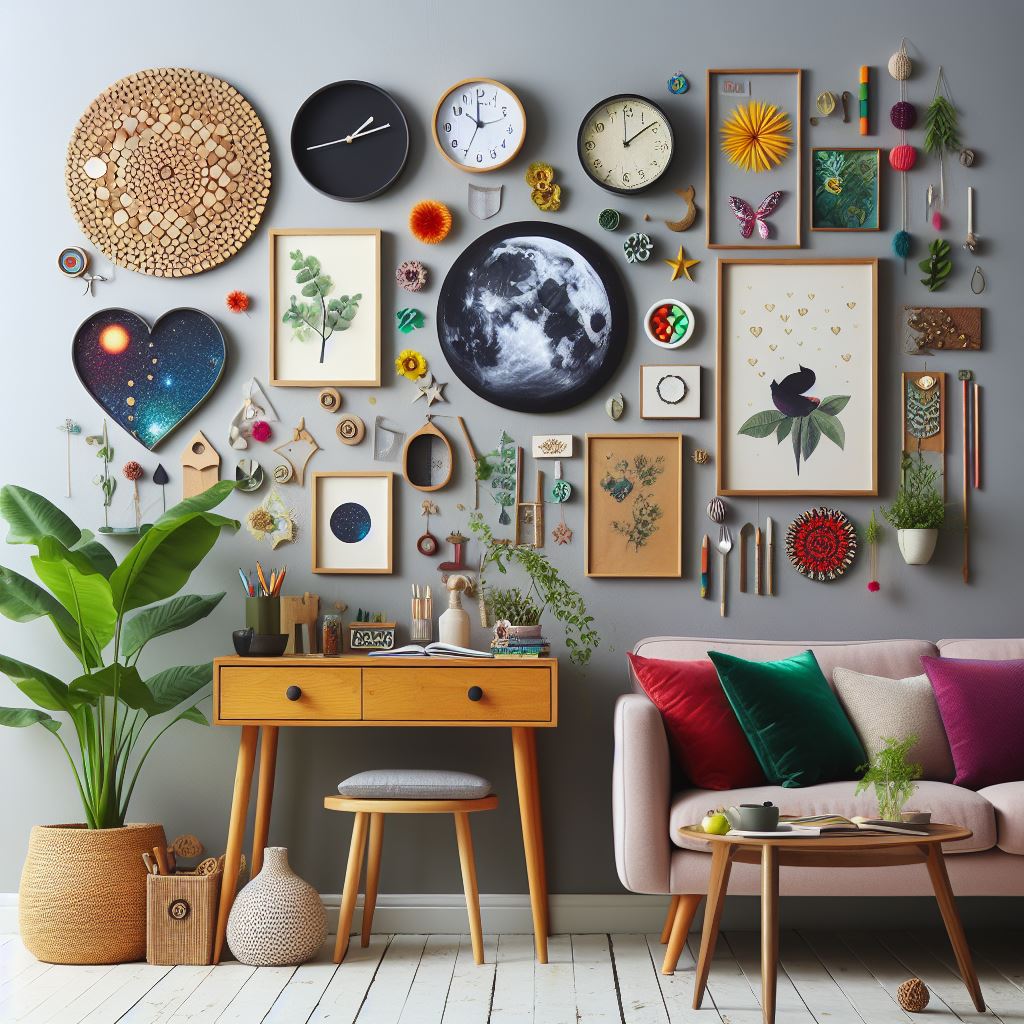 Styled interior with eclectic wall art, plants, vintage desk, and modern sofa with colorful cushions