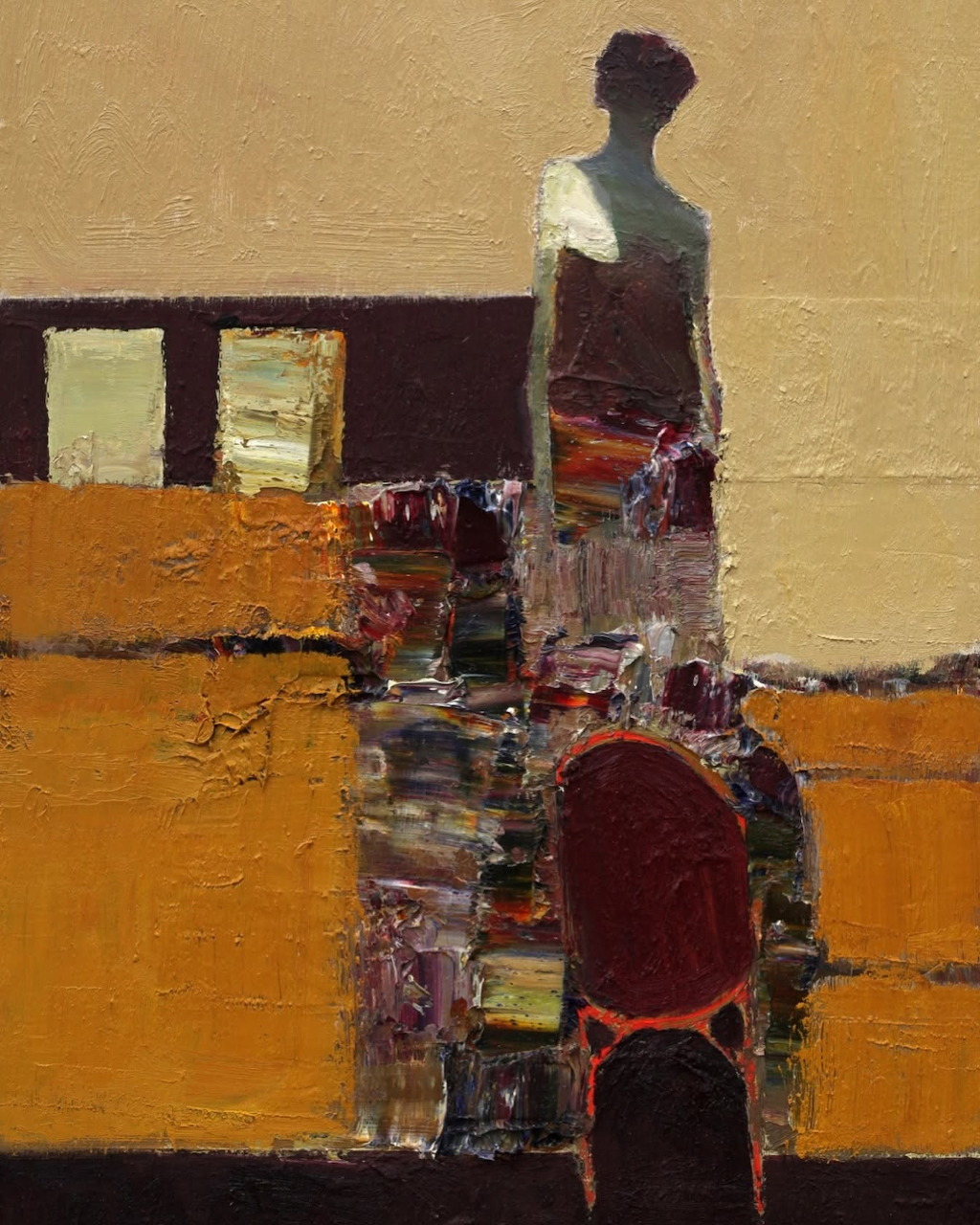 Abstract expressionist painting of a standing figure with ochre and burgundy geometric shapes