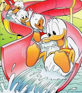 Donald Duck sliding down a red spiral water slide with two ducklings splashing in water