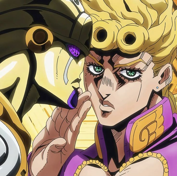 Close-up anime image of Giorno Giovanna beside a gold armored figure