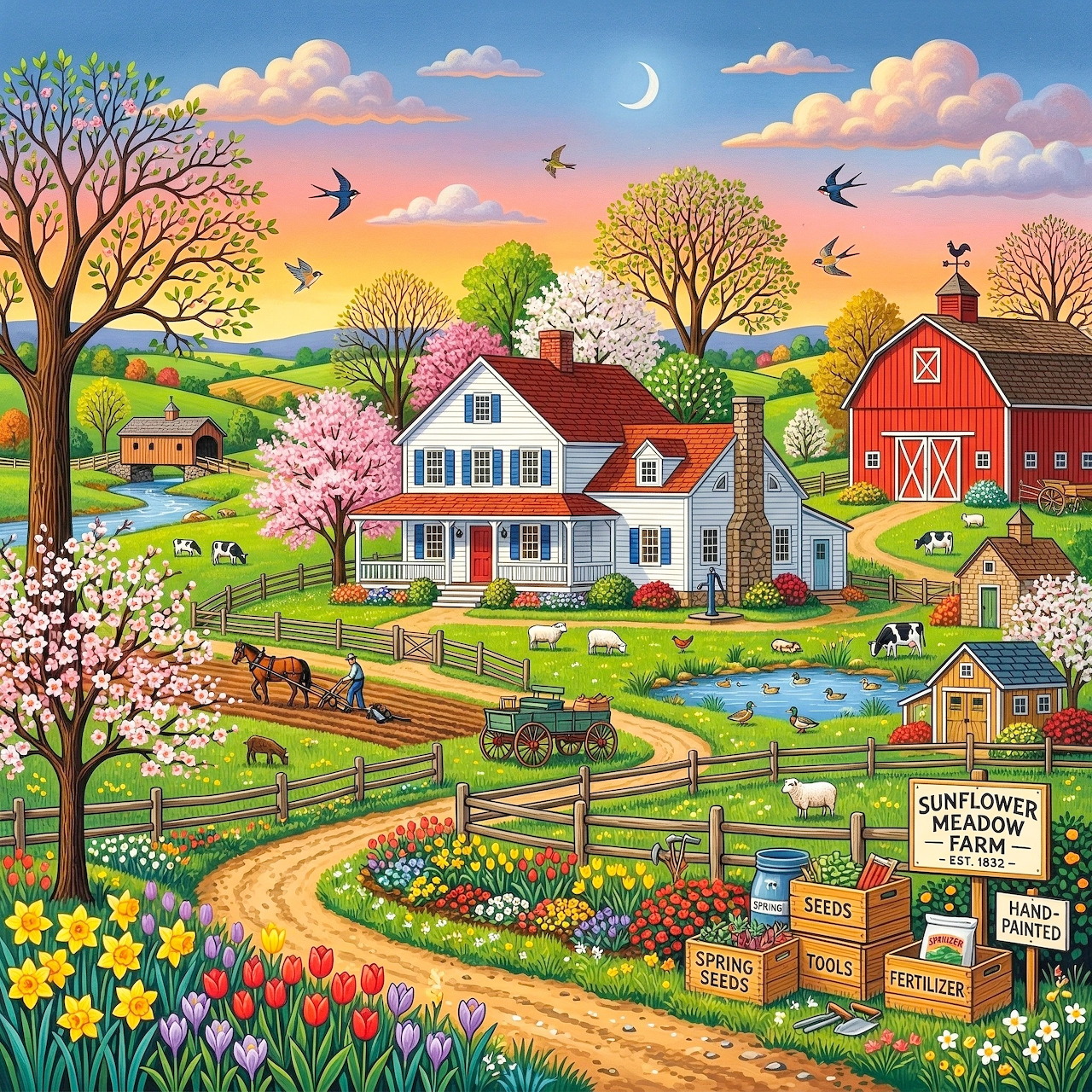 Vibrant illustrated spring farm with farmhouse, red barn, blooming trees, colorful flower gardens, and pastoral countryside