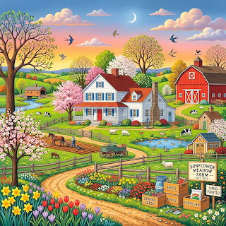 Spring Farm Landscape Illustration