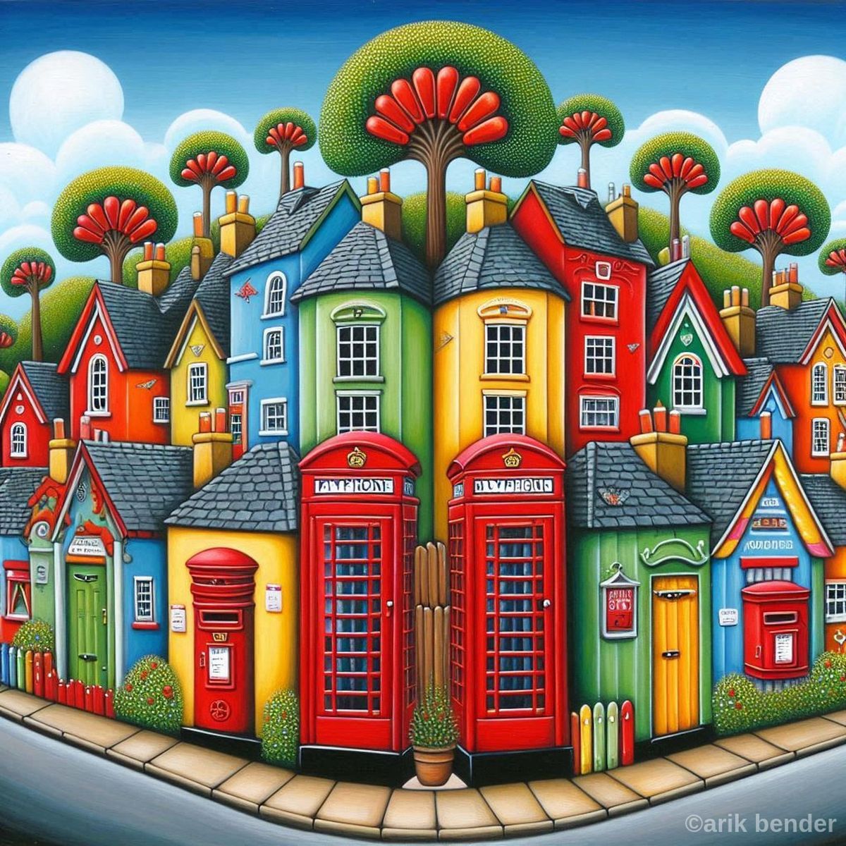 Colorful illustrated village with bright houses, red British phone booths, and decorative trees under blue sky