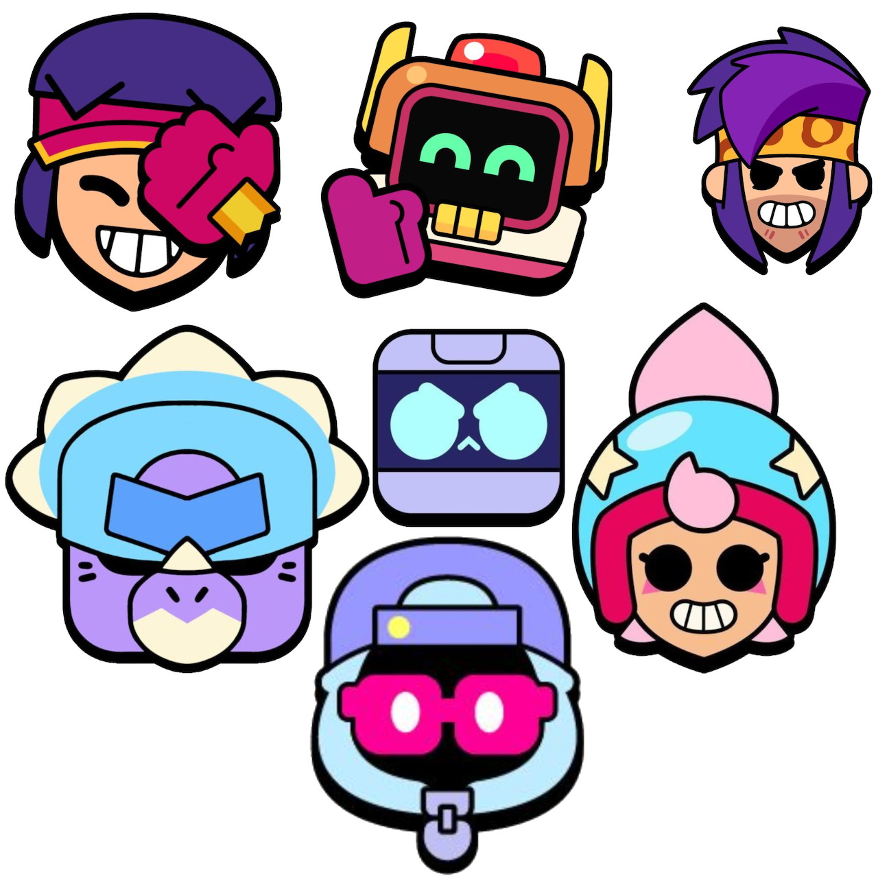Grid of seven vibrant cartoon character avatar icons with various expressions and accessories