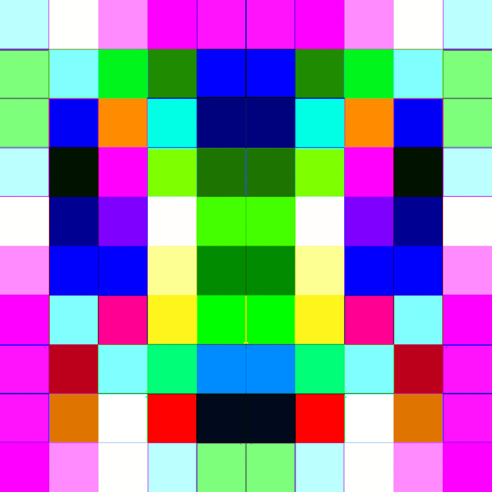 Symmetrical abstract pixel pattern of bright colored squares on a white background