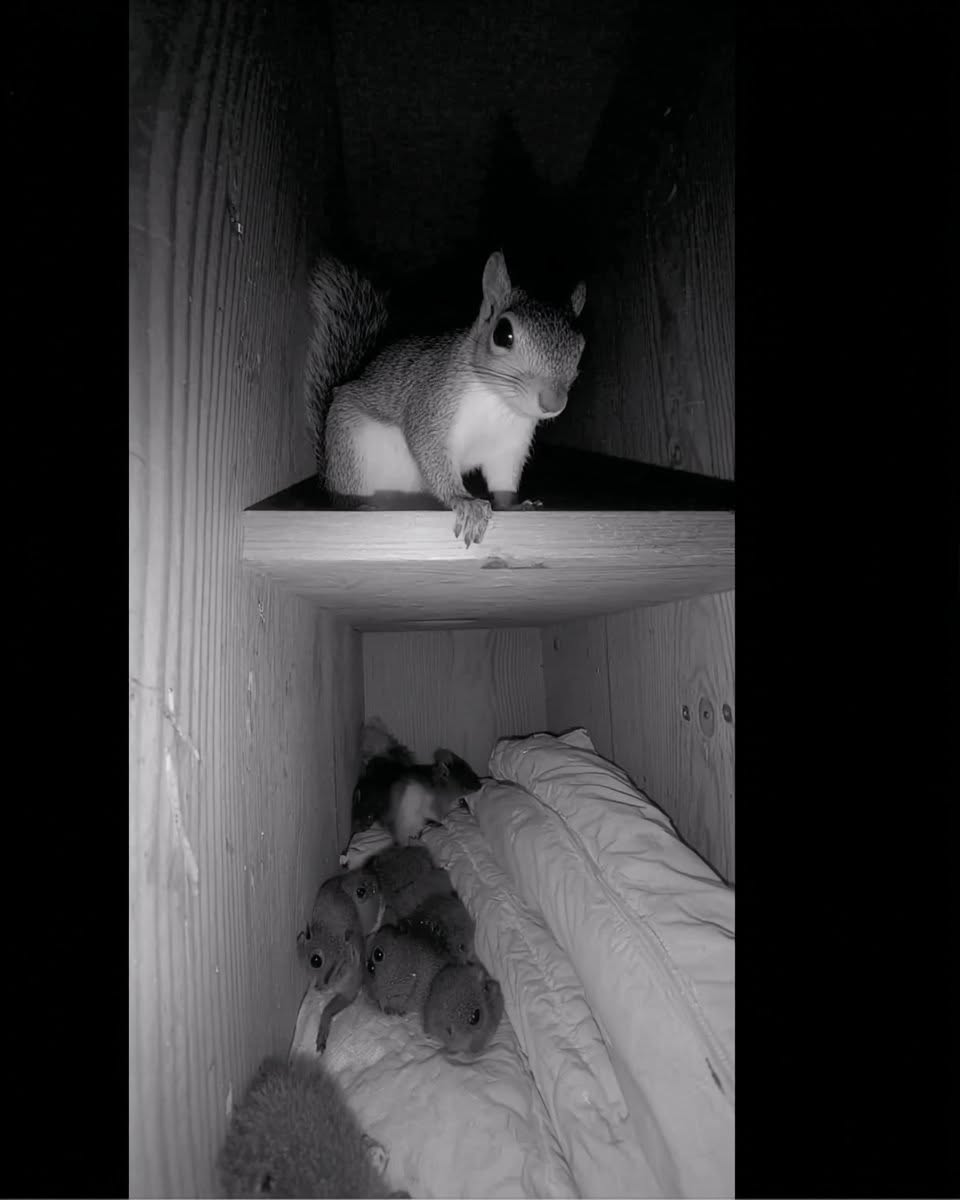 Two squirrels in a wooden box shelter, black and white photo