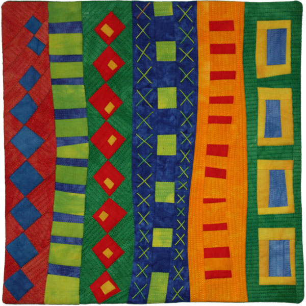 Colorful abstract painting of vertical patterned stripes in red, green, blue, yellow, and orange