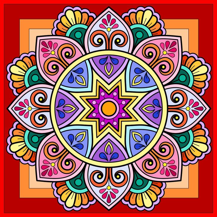 Colorful symmetrical mandala with floral and geometric patterns in rainbow hues on warm orange and red background