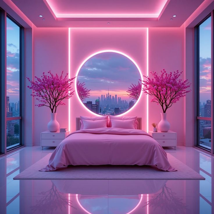 Futuristic pink bedroom with neon lighting, round window, glossy floor, and flowering trees