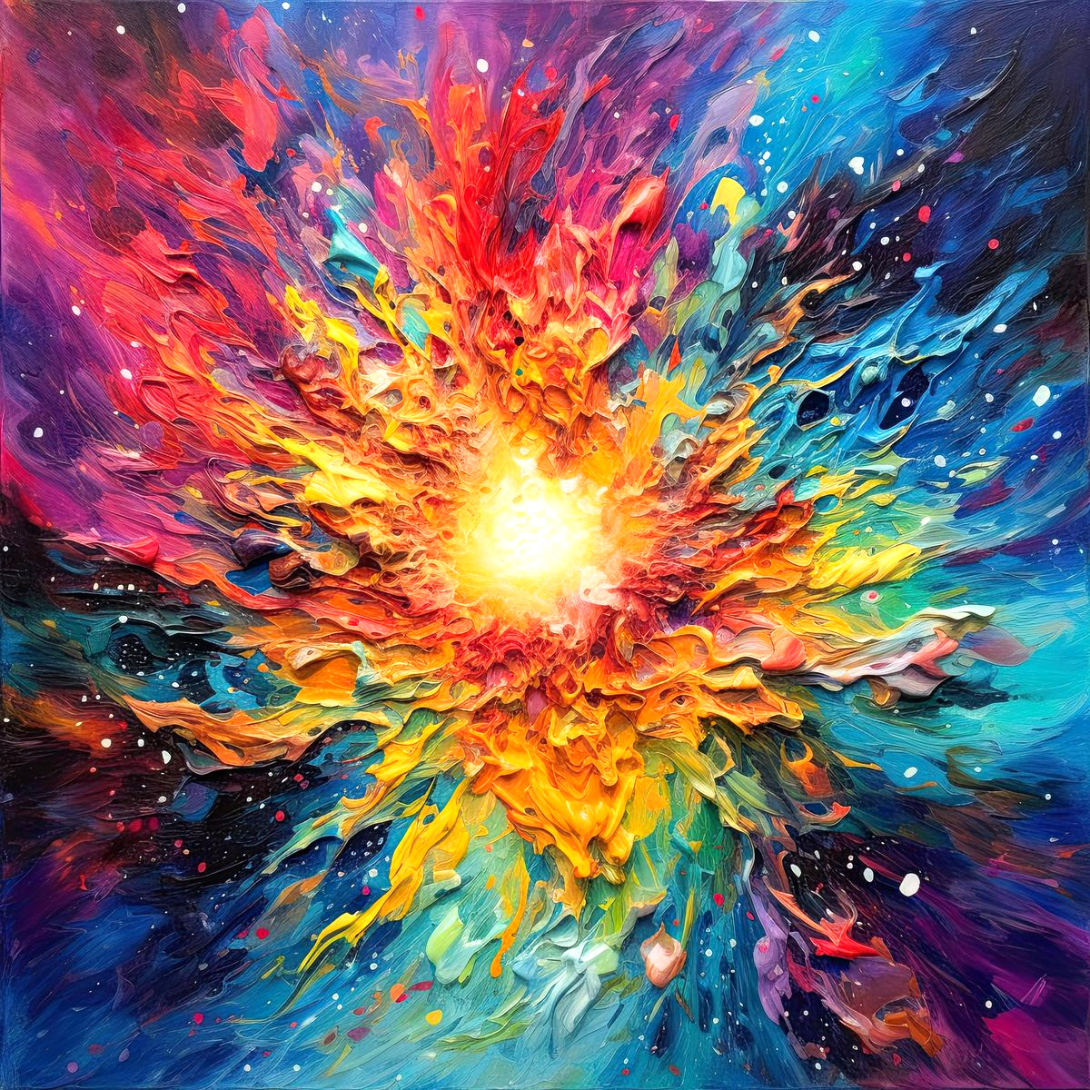 Abstract explosion of vibrant colors radiating from bright center with paint splatter effect