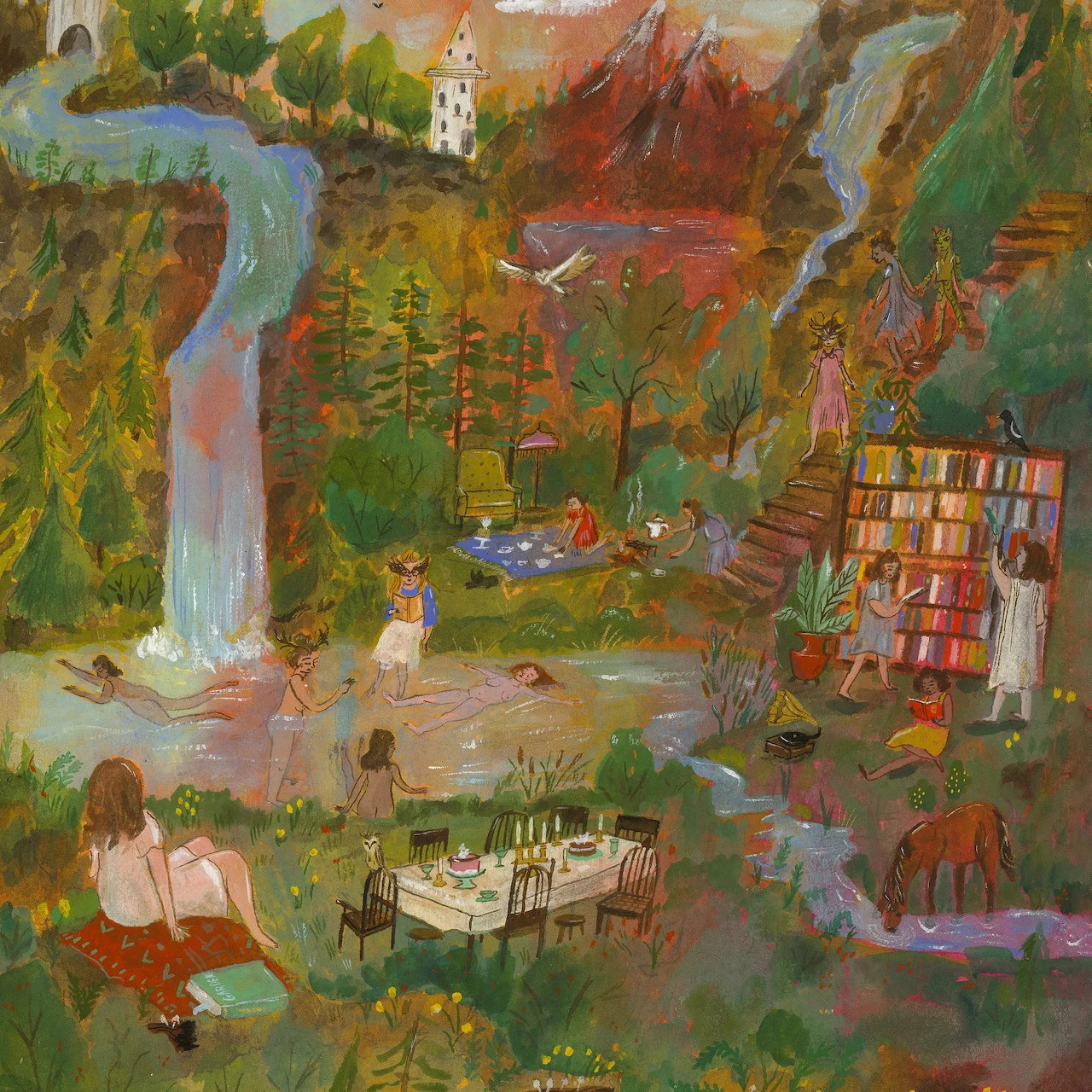 Impressionist oil painting of people gathered in a garden with trees and tables