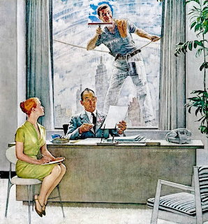 Norman Rockwell illustration of window washer outside office with two workers inside