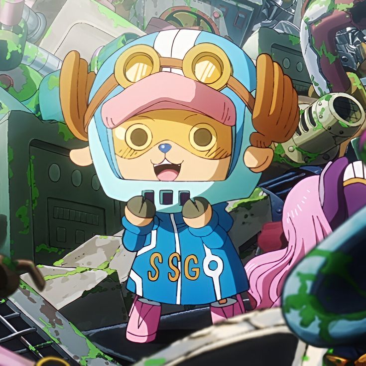Tony Tony Chopper anime character with antler hat and blue shirt looking excited