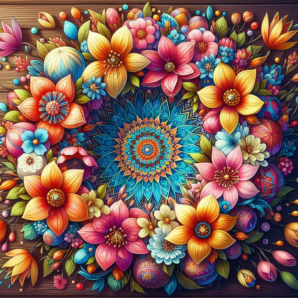 Colorful floral mandala with spring flowers arranged in circular wreath pattern around ornate blue center