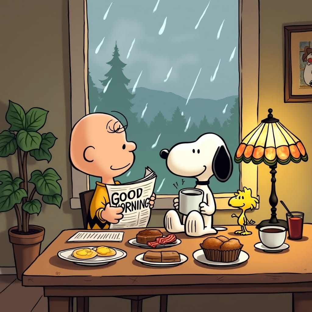 Charlie Brown and Snoopy having breakfast together at a table by a rainy window