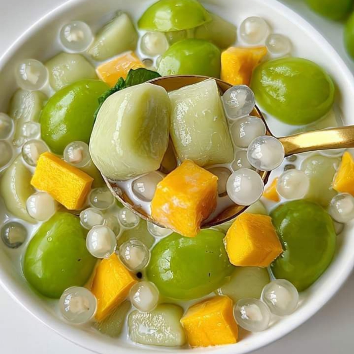 White bowl filled with green grapes, jelly cubes, tapioca pearls, and mango pieces in clear syrup