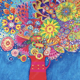 Colorful painting of ornate flowers exploding from red vase with swirling patterns and bright hues on blue background
