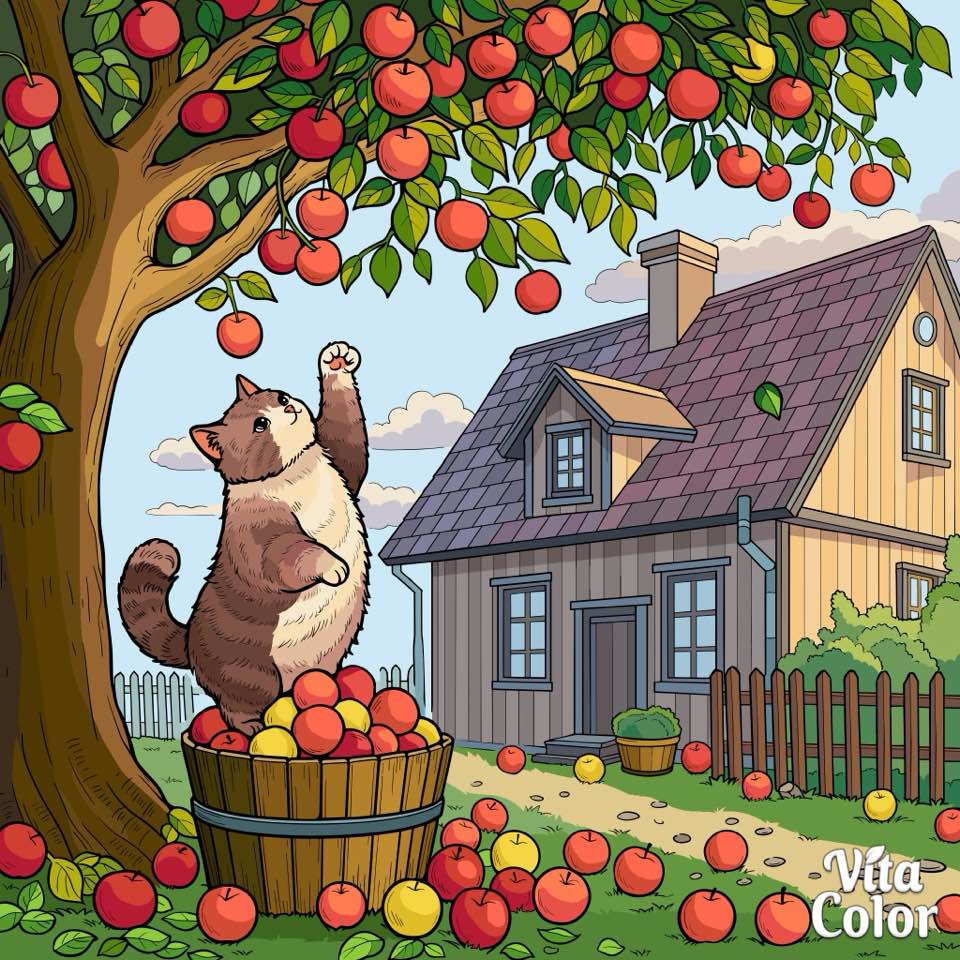 Cat Picking Apples Harvest