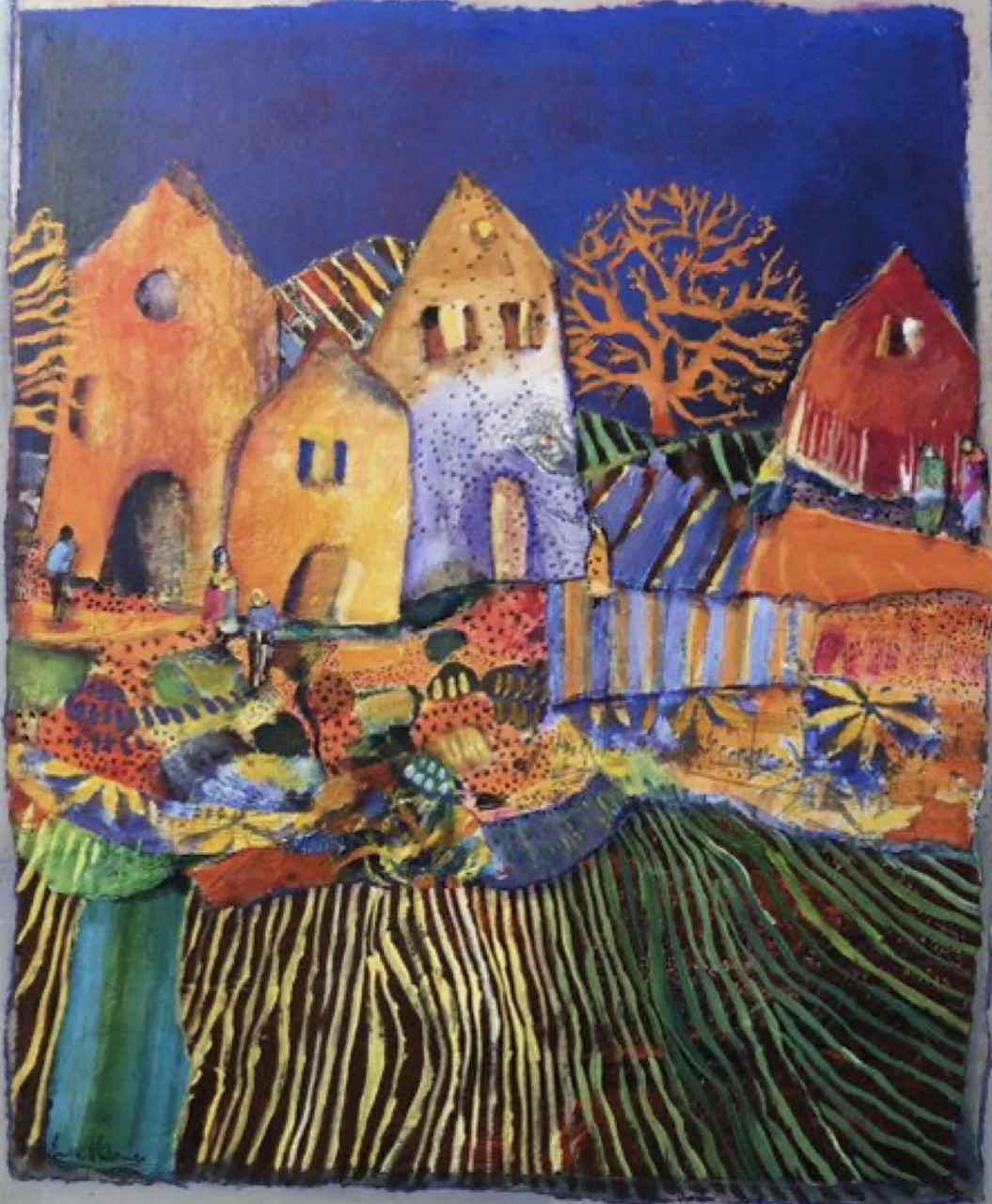 Folk art painting of three colorful houses with textured gardens under a deep blue sky