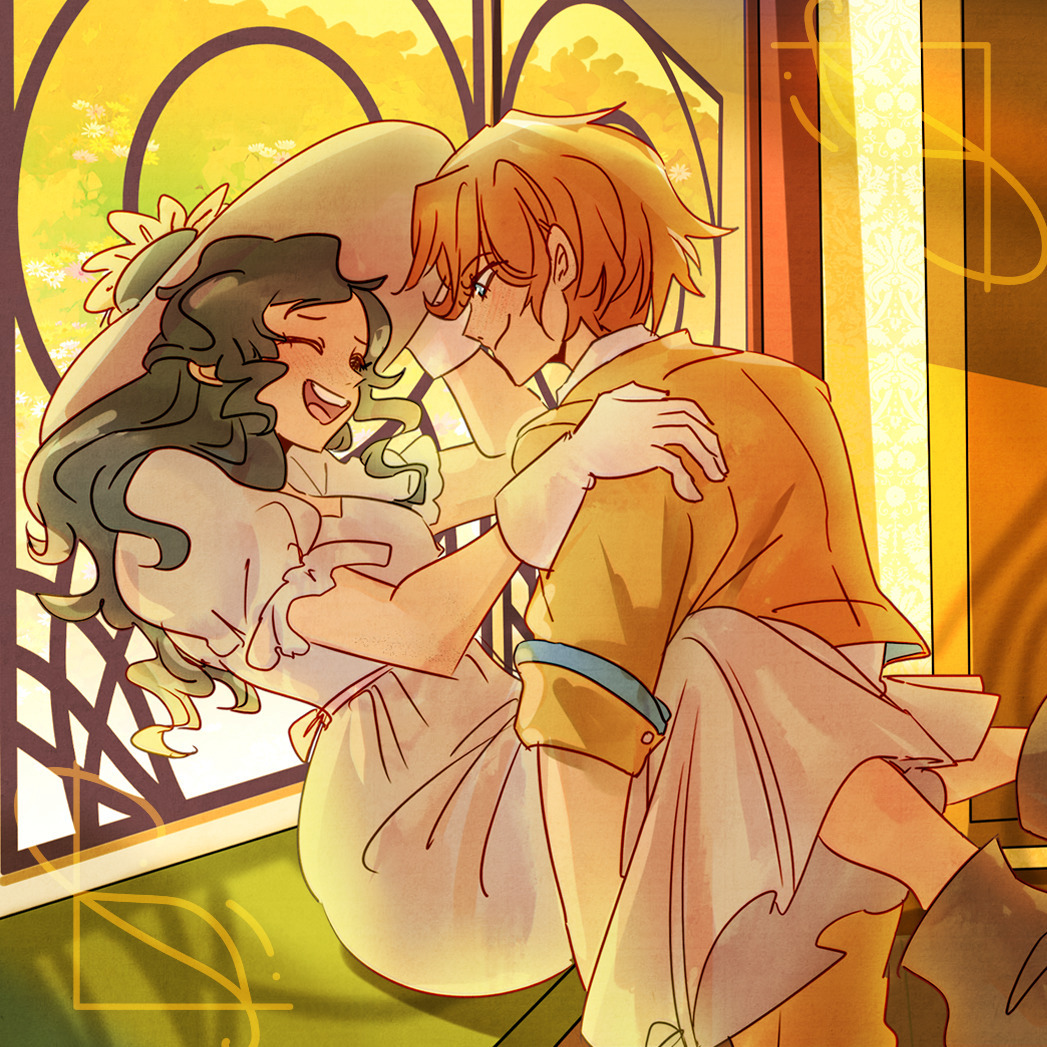 Two anime-style women embracing tenderly in warm sunlight by an ornate window