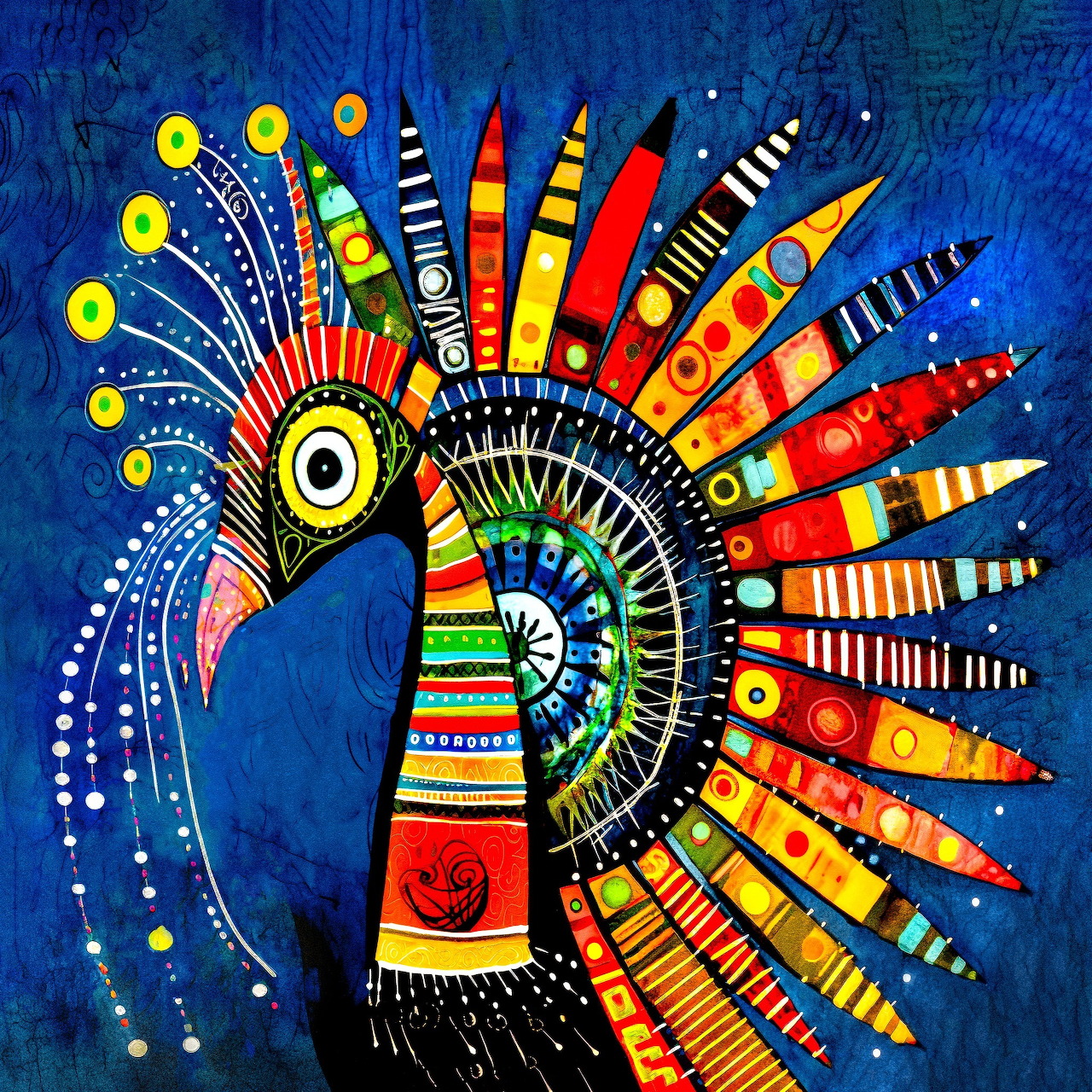 Stylized peacock with bright geometric patterns and radiating multicolored feathers on blue background