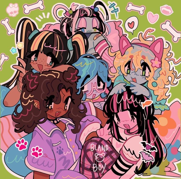 Collage of Monster High cartoon characters in pink and purple tones with monster-themed features and accessories
