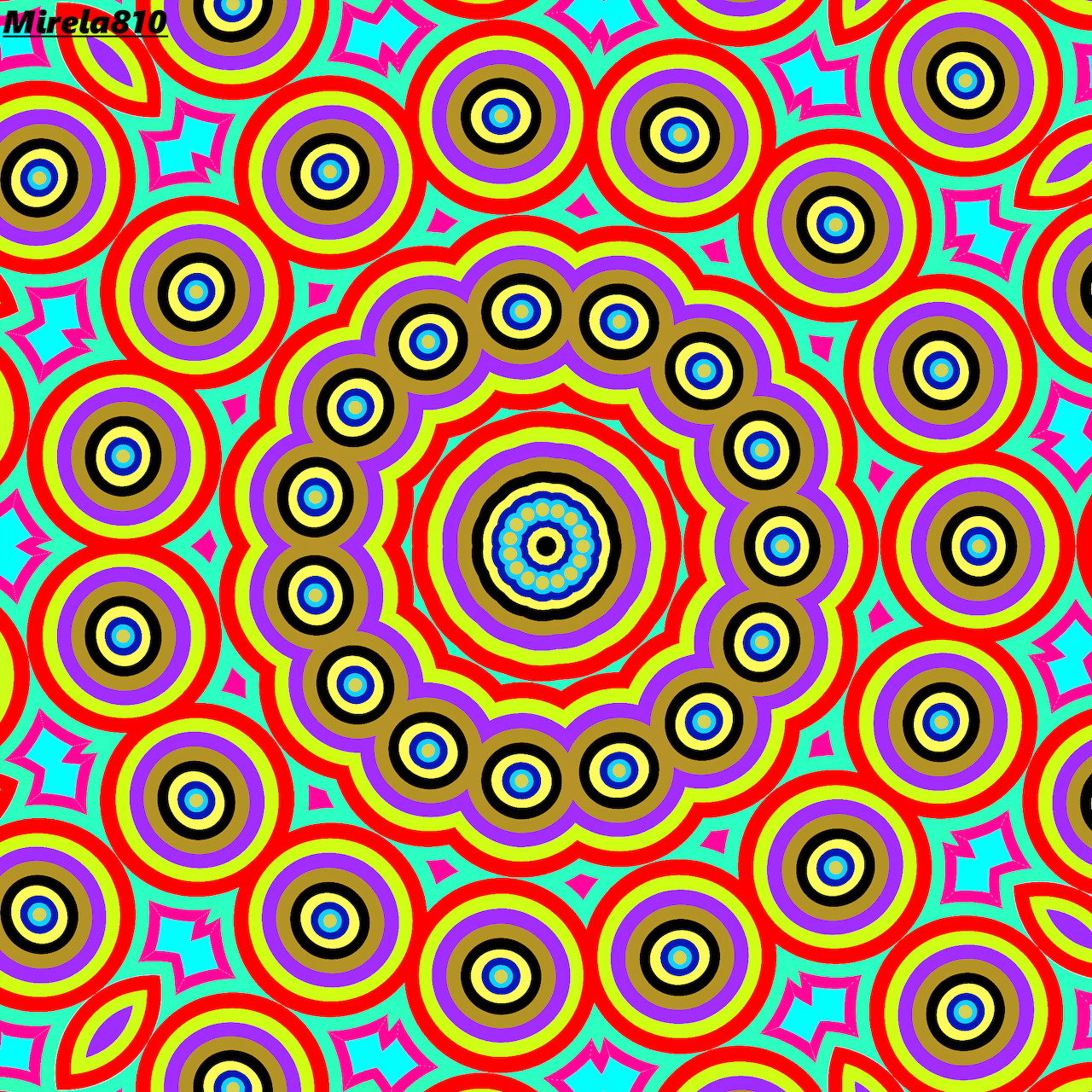 Colorful mandala with concentric circles and geometric patterns in rainbow hues