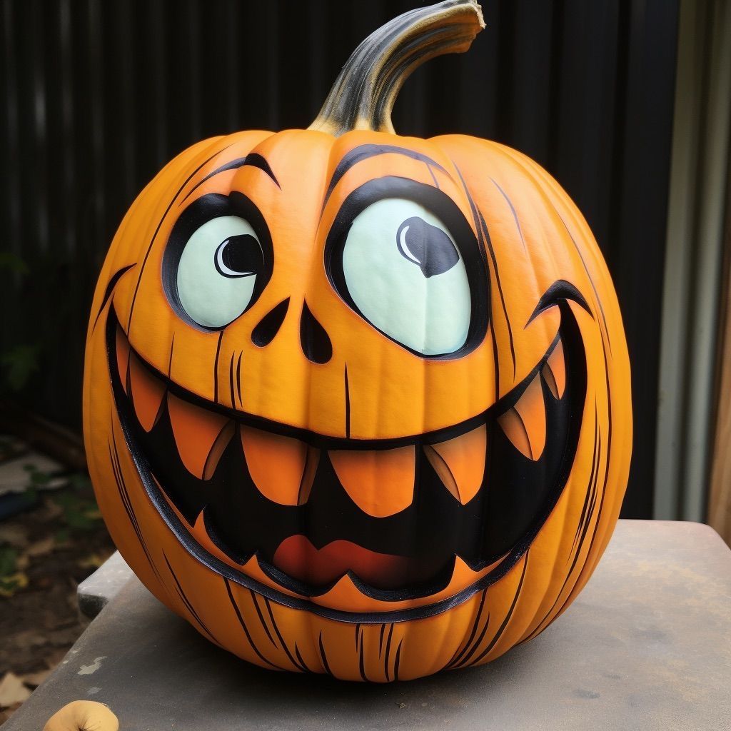 Orange carved pumpkin with big googly eyes and wide smiling mouth showing teeth