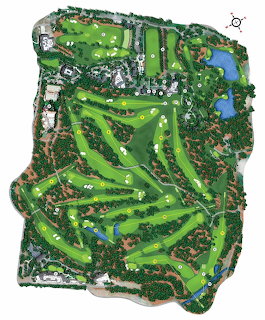 Illustrated aerial map of Augusta National Golf Club showing fairways, greens, and hole layouts