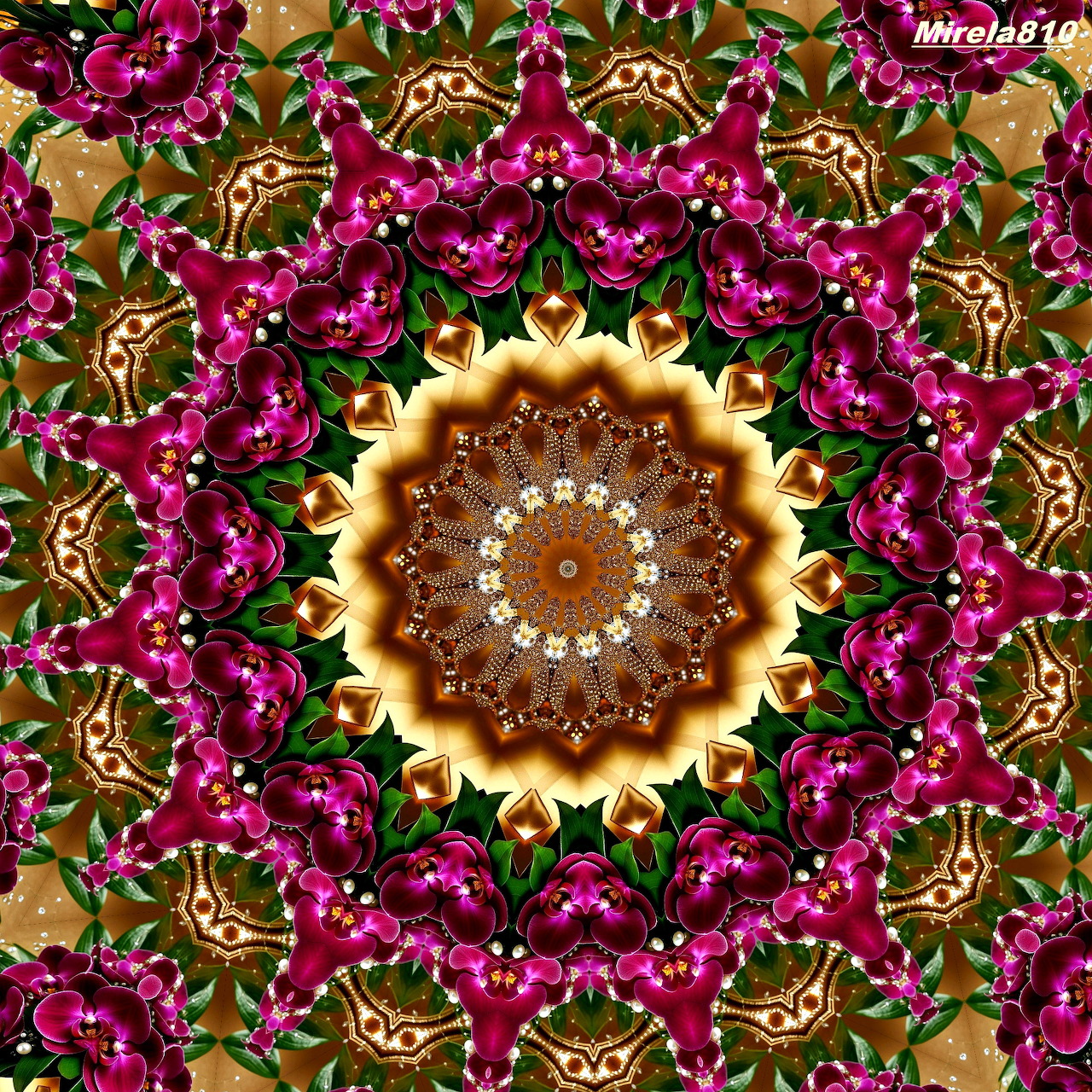 Ornate mandala with golden center and magenta floral patterns in radial symmetry