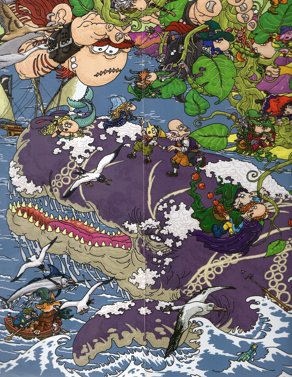 Pinocchio being swallowed by whale in stormy ocean illustration