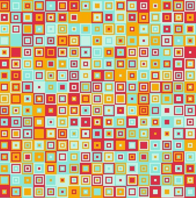 Abstract mosaic pattern with colorful nested squares in red, orange, yellow, turquoise, and pink arranged in a grid