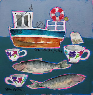 Whimsical painting of boat with life preserver above teacups and two fish on teal background