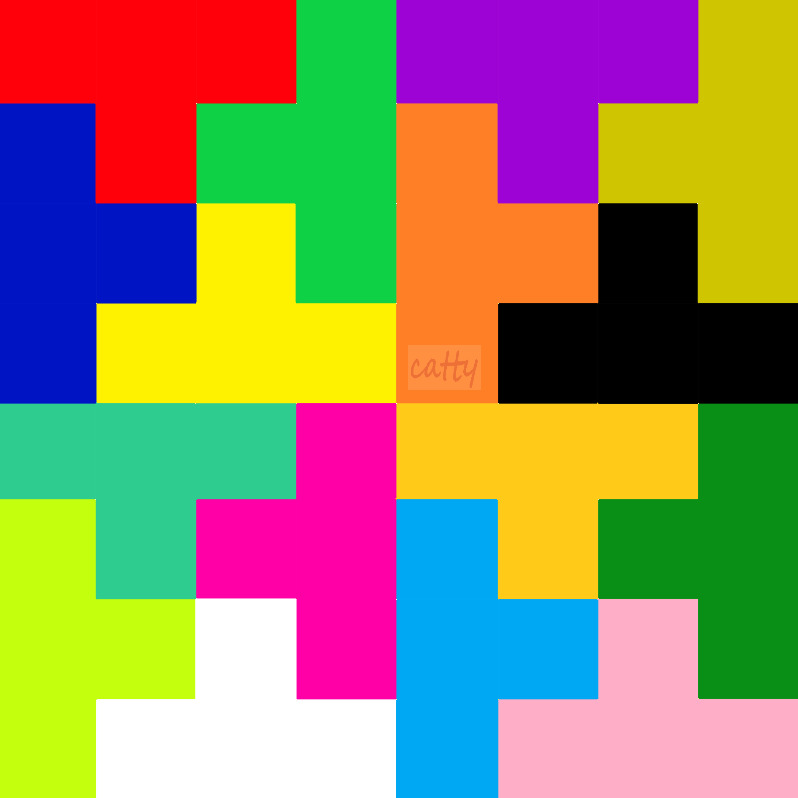 Colorful grid of interlocking plus signs in bright red, blue, green, yellow, pink, orange, and purple on white background