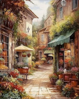Painting of a quaint village alley with flowers, potted plants, and small shopfronts