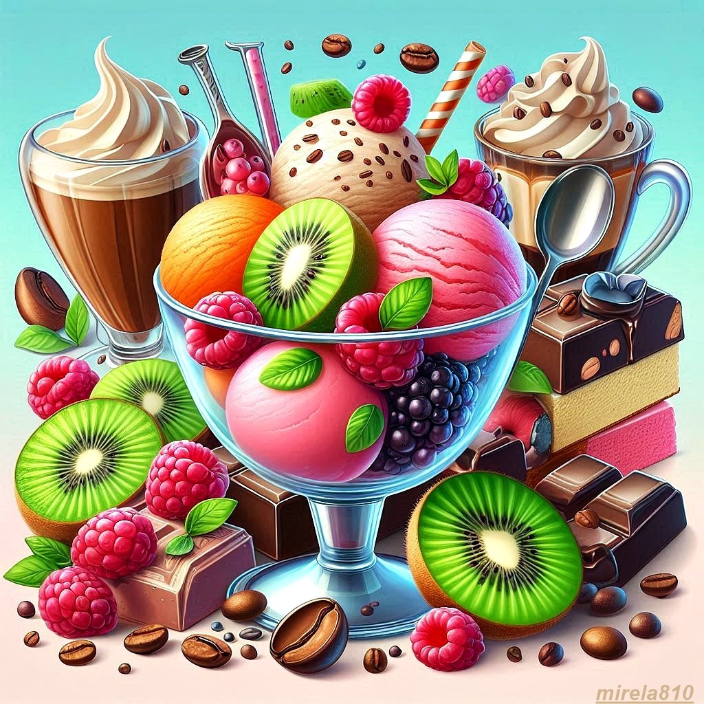 Glass bowl filled with colorful fruits, macarons, and berries with chocolate and coffee drinks