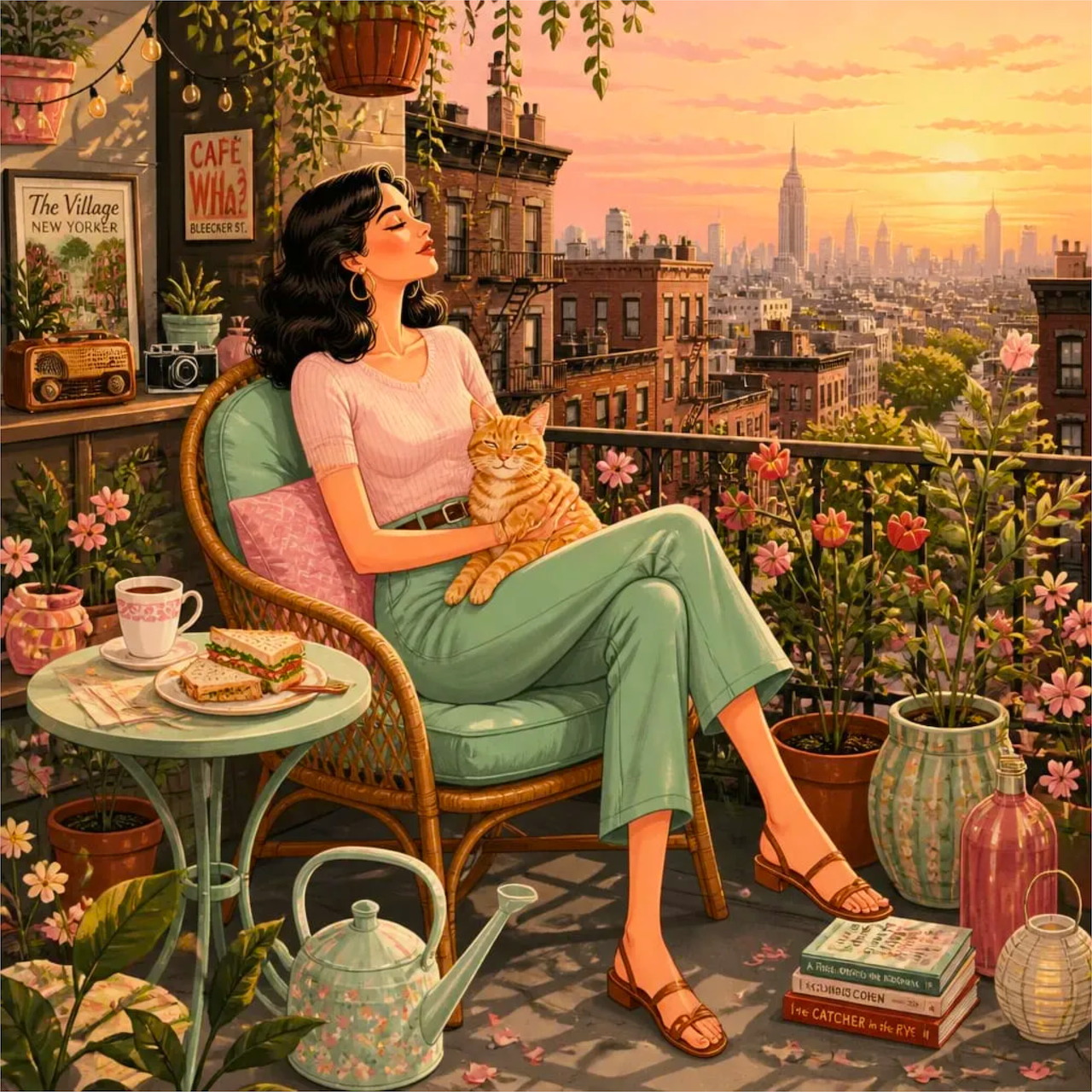 Woman Relaxing on City Balcony